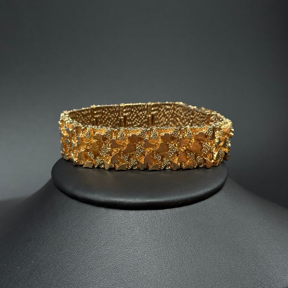 Vintage Gold Plated Heart Link Tennis Bracelet Nugget Texture 6.5 in Chunky 80s